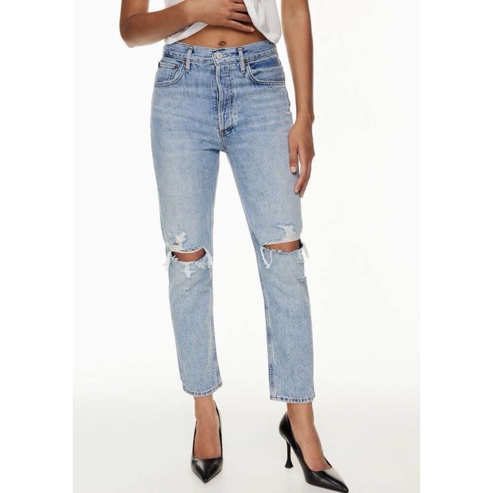AGOLDE Riley High Rise Straight Jeans Light Wash Distressed Button Fly Size 26